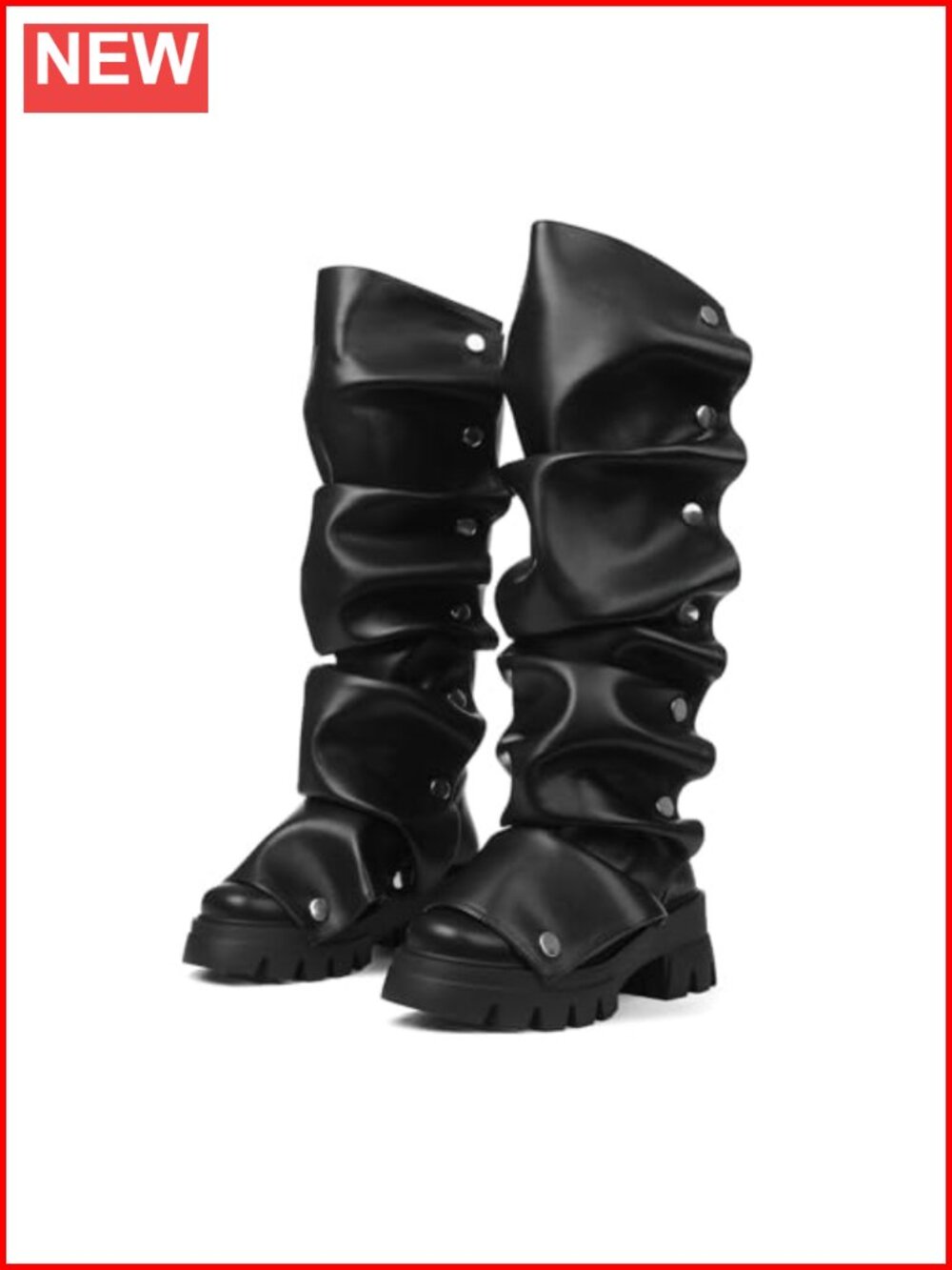 Platform Knee High Boots Fold Over Slouchy Ruched Stacked Heel Pull On PU